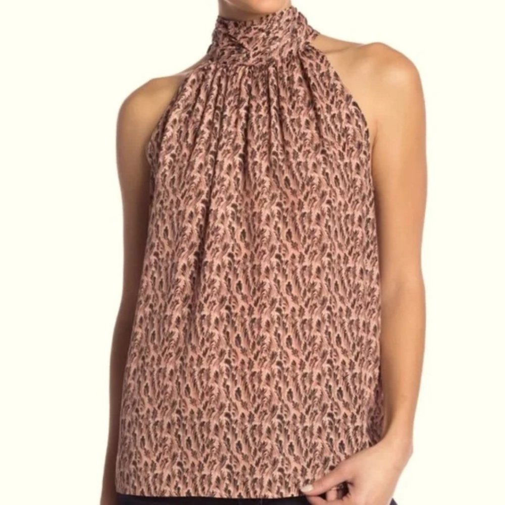 Joie Pink Black Feather Print High Neck Sleeveless Erola Halter Blouse Top, XS
